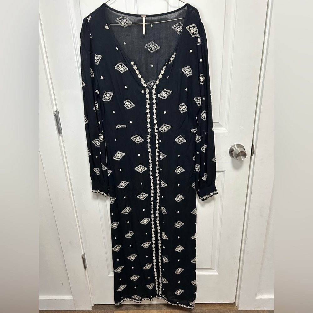 Free People Black Dress with White Embroidery